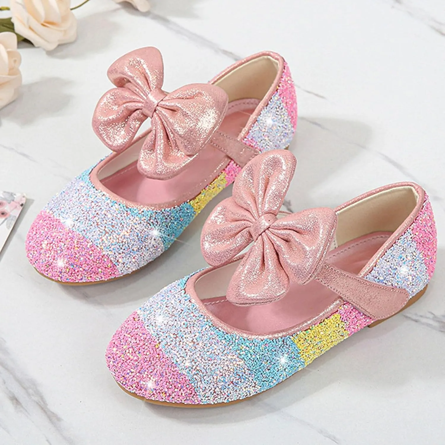 Girls Dress Shoes Glitter Wedding Prom Mary Jane Sparkly Ballet Flats for Kids Bow Princess Shoes for Dress-Up Party