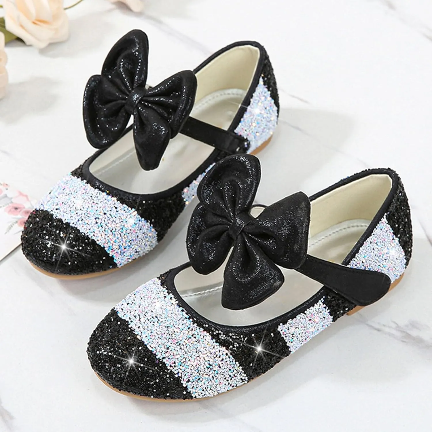 Girls Dress Shoes Glitter Wedding Prom Mary Jane Sparkly Ballet Flats for Kids Bow Princess Shoes for Dress-Up Party