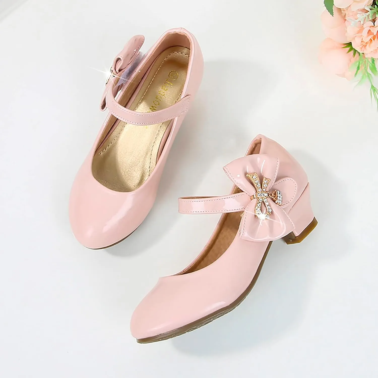 Girls Dress Shoes Pumps Mary Jane Shoes for Girls Low Heel with Bow Strap Dress Shoes for Wedding Party School