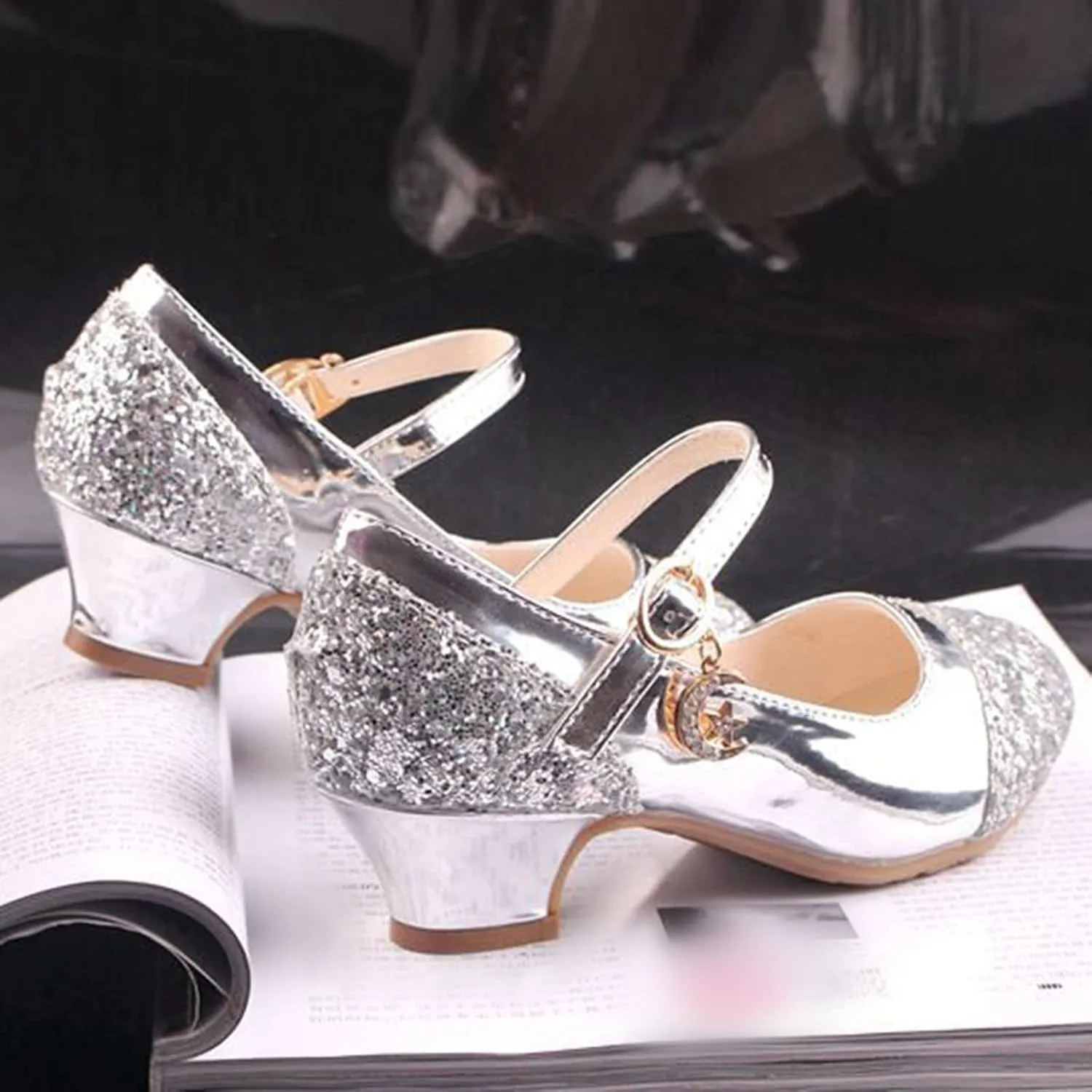 Girls Dress Shoes Toddler Princess Shoes Glitter Flower Little Girl Flat Mary Jane Low Heels for Party Wedding