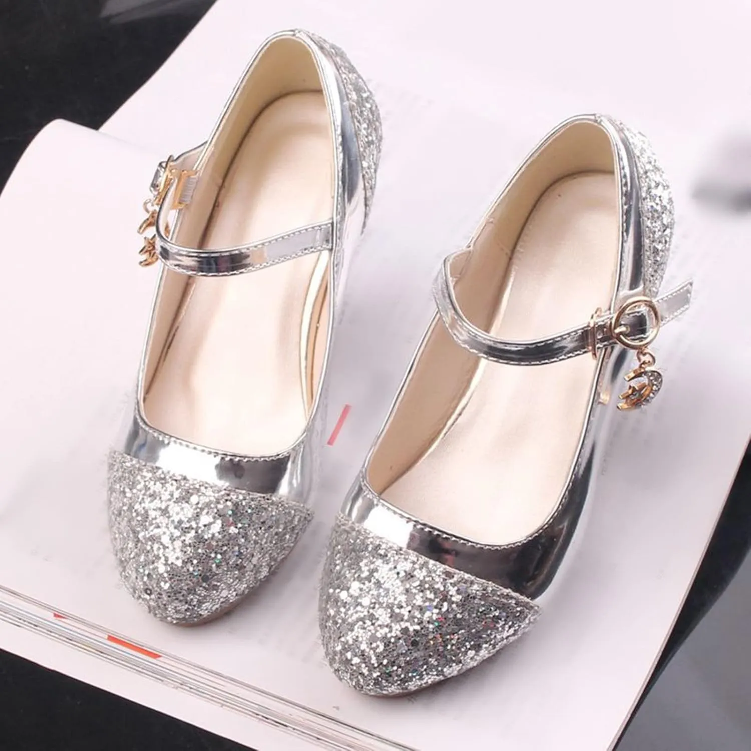 Girls Dress Shoes Toddler Princess Shoes Glitter Flower Little Girl Flat Mary Jane Low Heels for Party Wedding