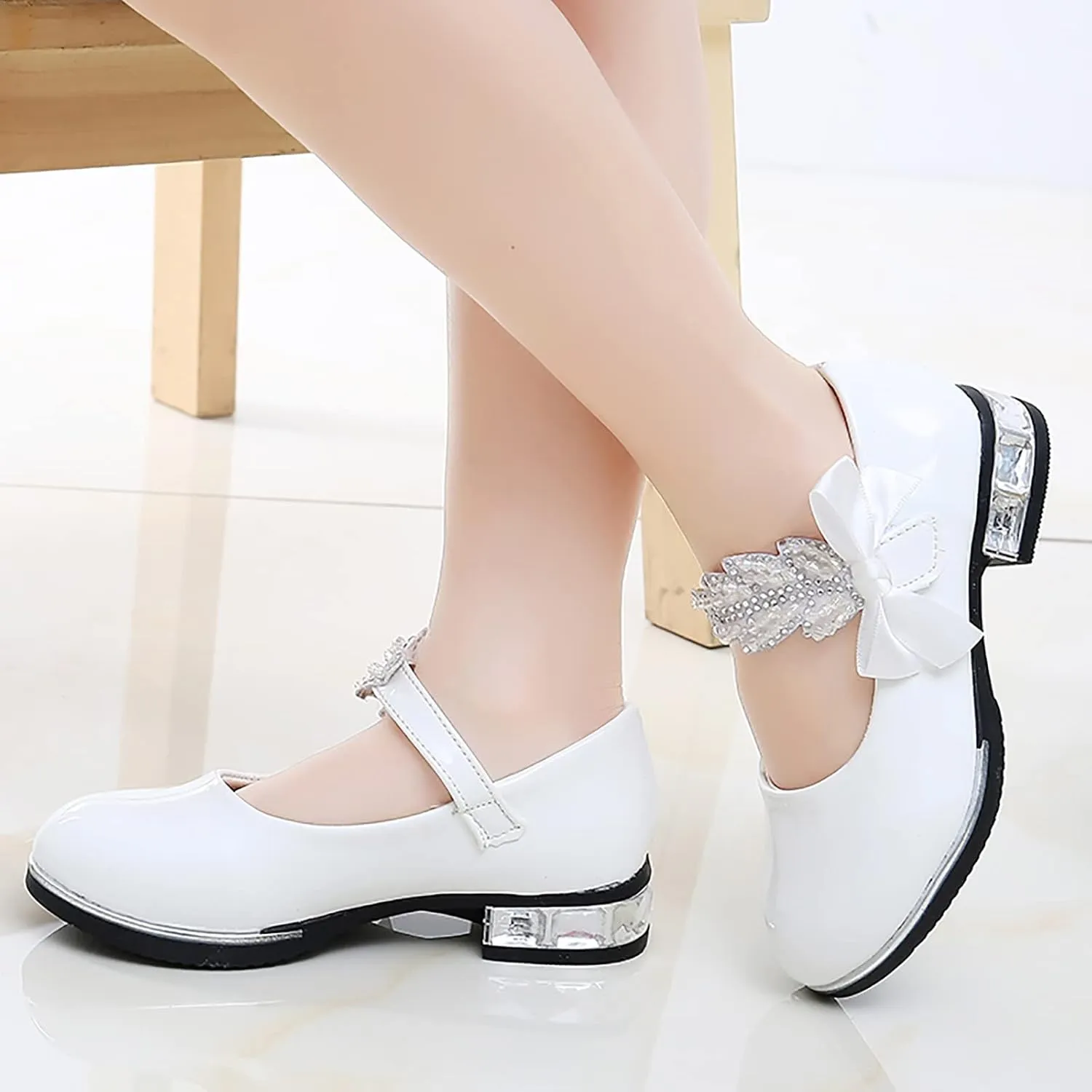 Girls Dress Shoes Wedding Bowknot Shoes Princess School Shoes Low Heel Pointed Toe Dress Shoes for Kids Toddler