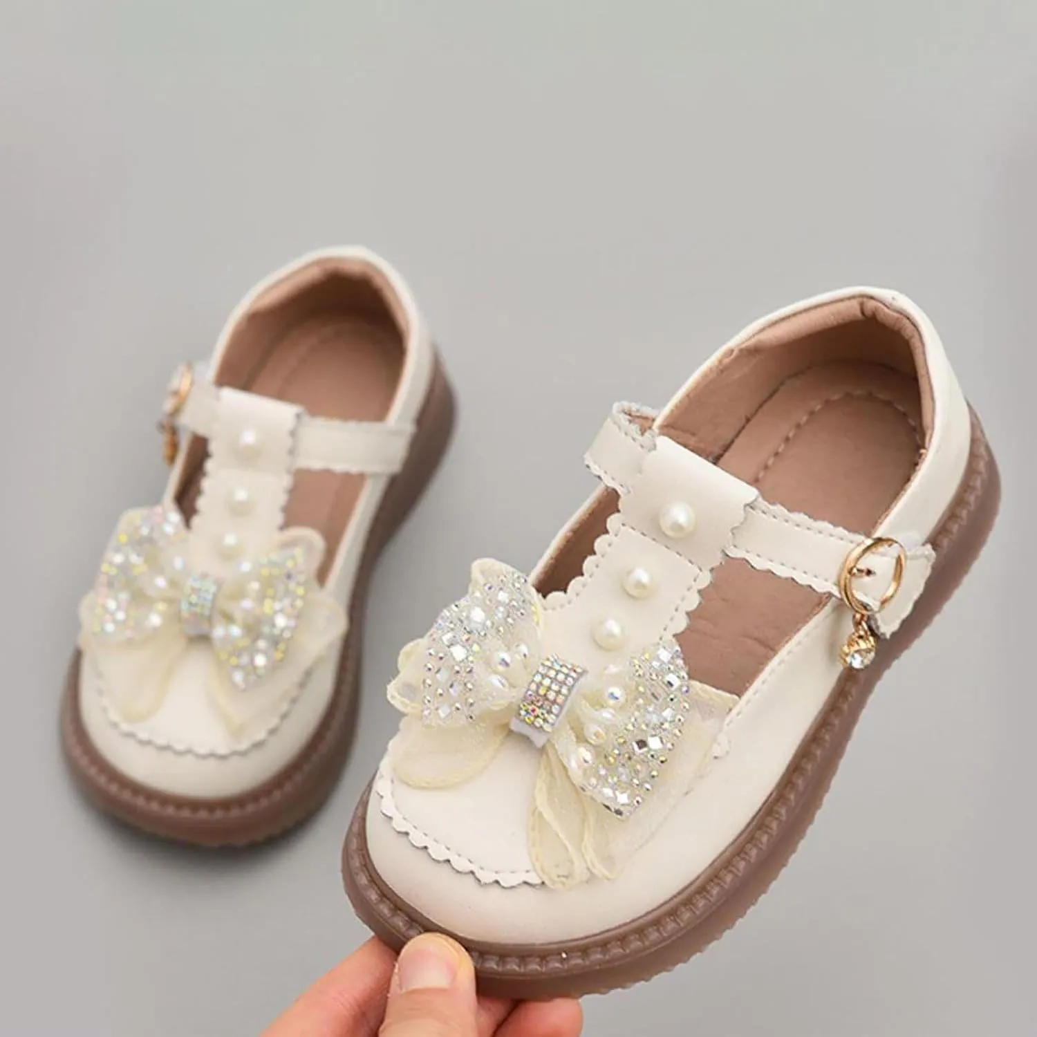 Girls Flat Pearl Rhinestone Bow Buckle Prom Party Dress Shoes Round Toe Chunky Barefoot Sandals for Little Girls