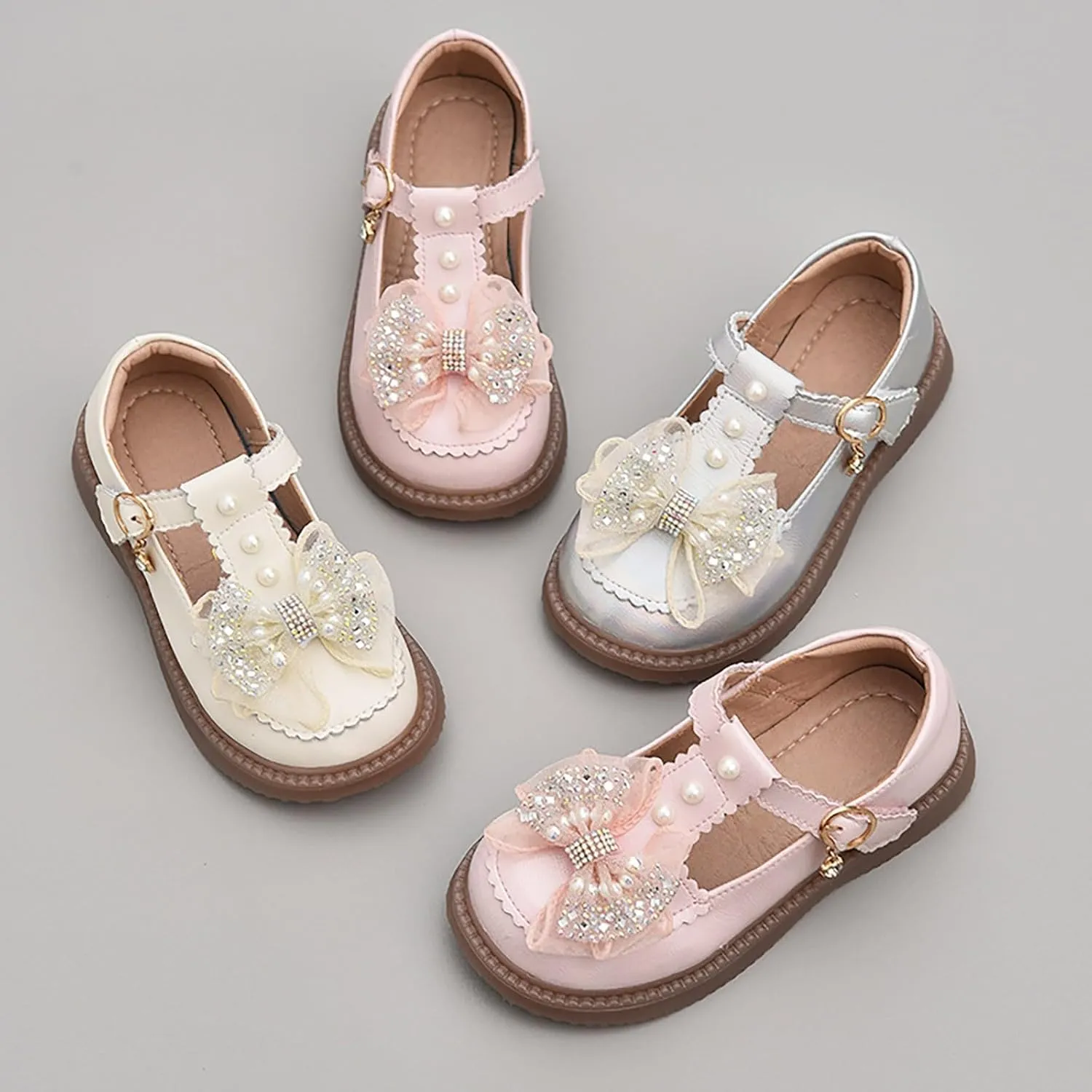 Girls Flat Pearl Rhinestone Bow Buckle Prom Party Dress Shoes Round Toe Chunky Barefoot Sandals for Little Girls
