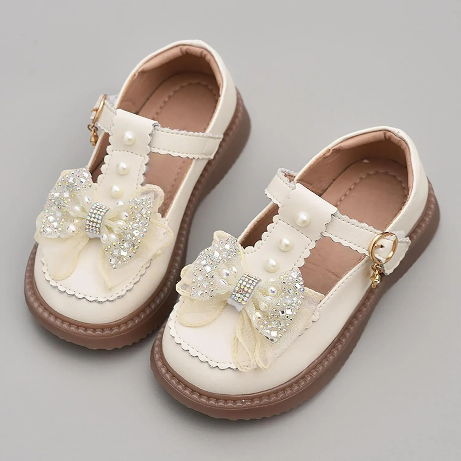 Girls Flat Pearl Rhinestone Bow Buckle Prom Party Dress Shoes Round Toe Chunky Barefoot Sandals for Little Girls