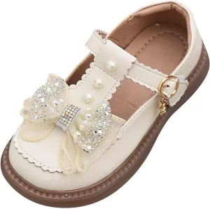 Girls Flat Pearl Rhinestone Bow Buckle Prom Party Dress Shoes Round Toe Chunky Barefoot Sandals for Little Girls