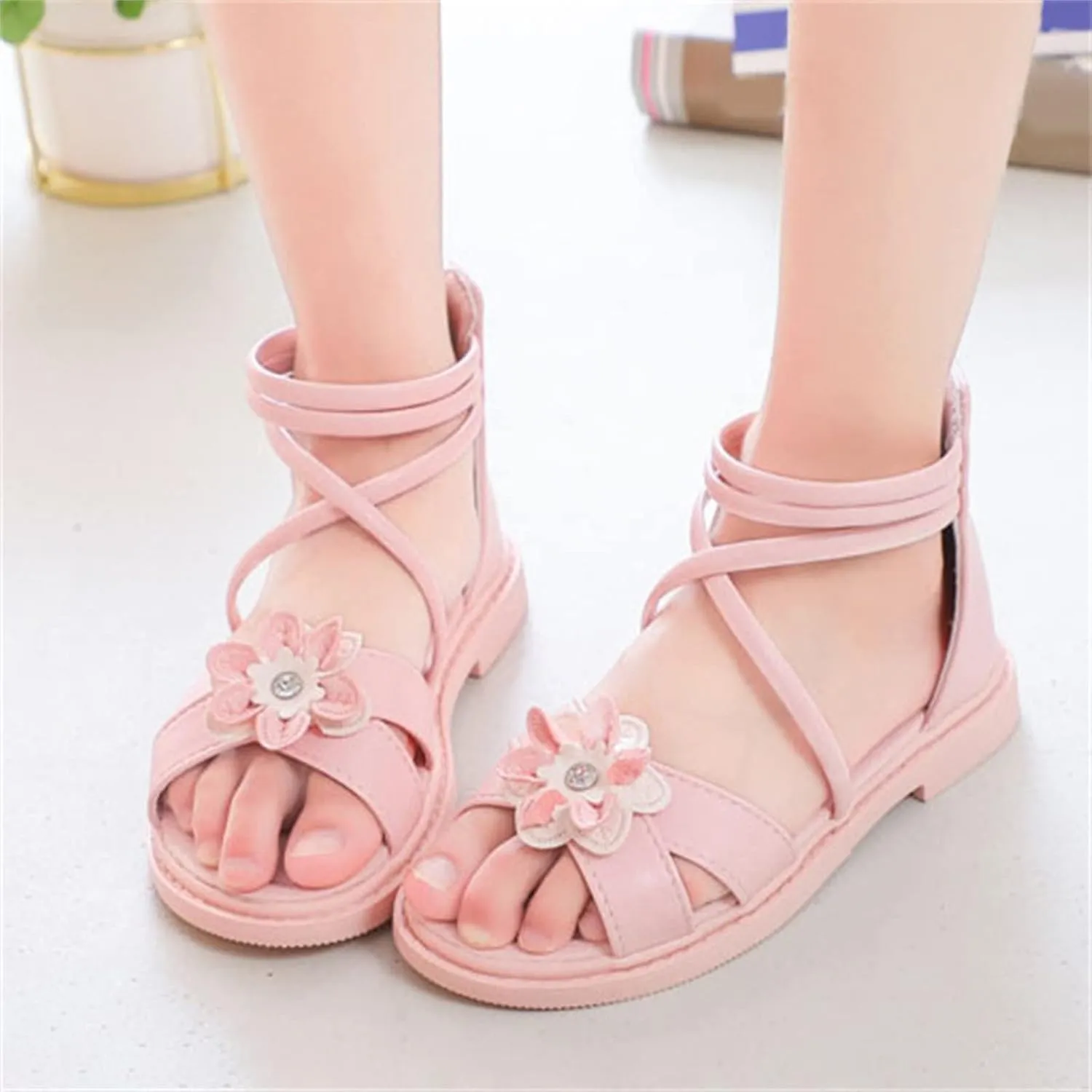 Girls Floral Roman Sandals Kids High Heel Open Toe Ankle Strap Flat Sandals with Heel Zipper Big Girls Slippers