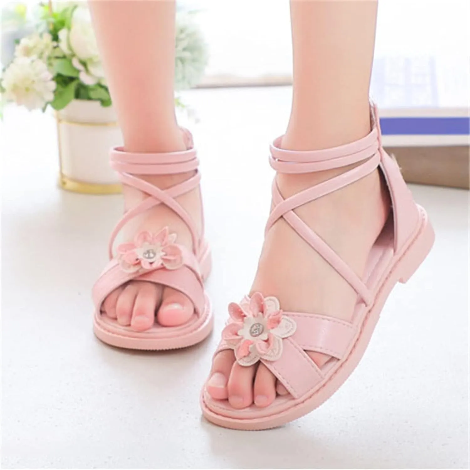 Girls Floral Roman Sandals Kids High Heel Open Toe Ankle Strap Flat Sandals with Heel Zipper Big Girls Slippers
