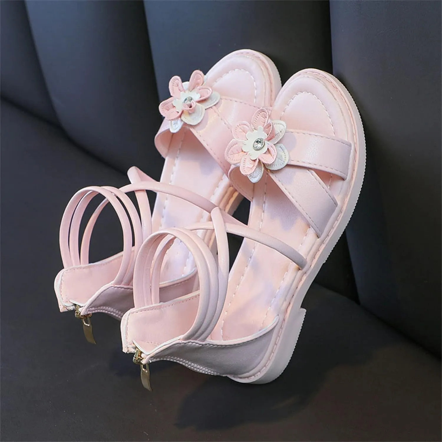 Girls Floral Roman Sandals Kids High Heel Open Toe Ankle Strap Flat Sandals with Heel Zipper Big Girls Slippers