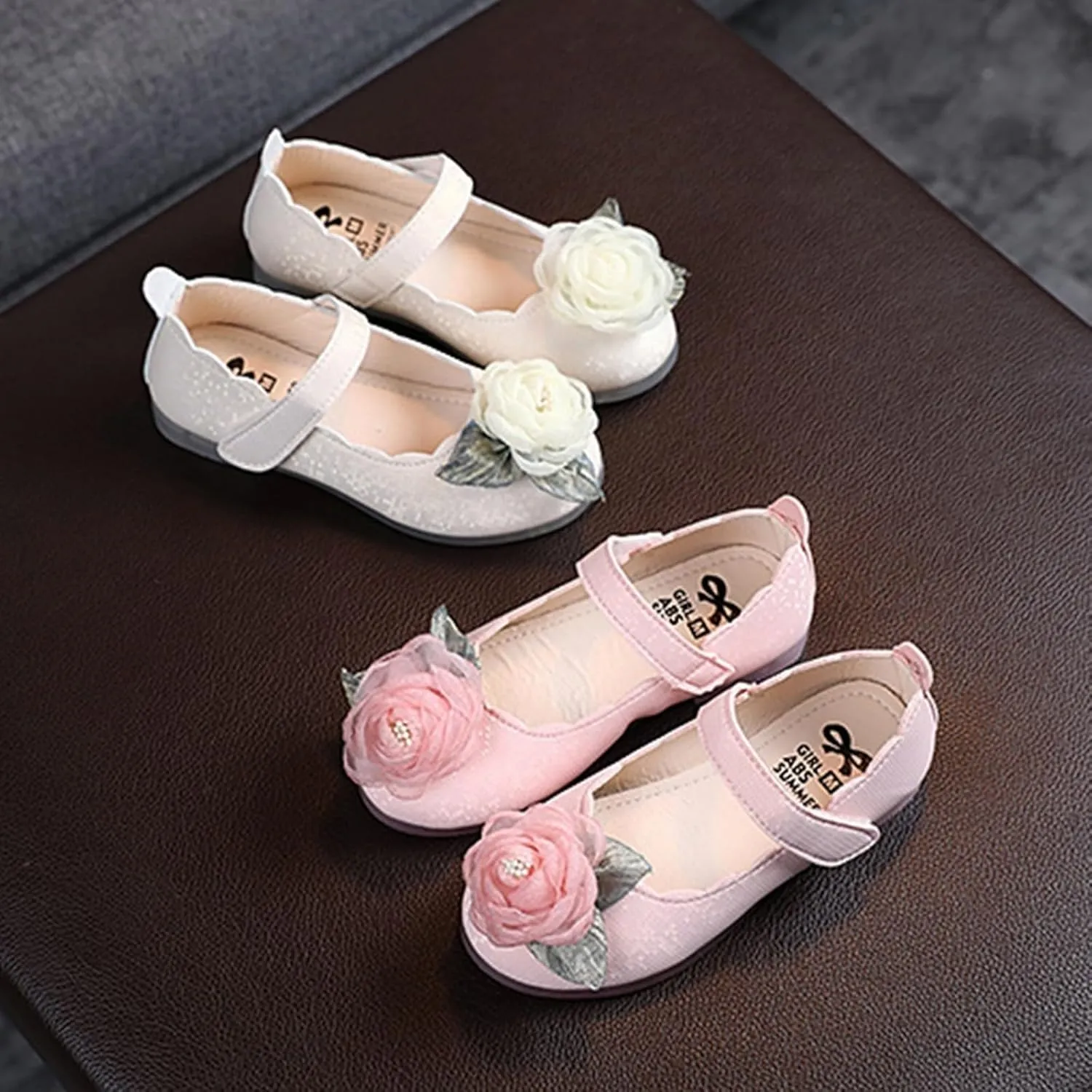 Girls Flower Mary Jane Dress Shoes Ballet Princess Flats for Party Wedding Kids Closed Toe Soft Rubber Sole Sandals