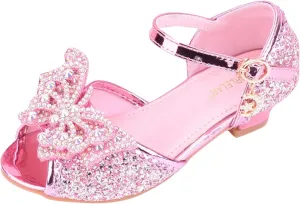Girls Glitter Butterfly Sandals Sequin Rhinestone Heels Dress Shoes Teens Kids Princess Shining Formal Party Shoes