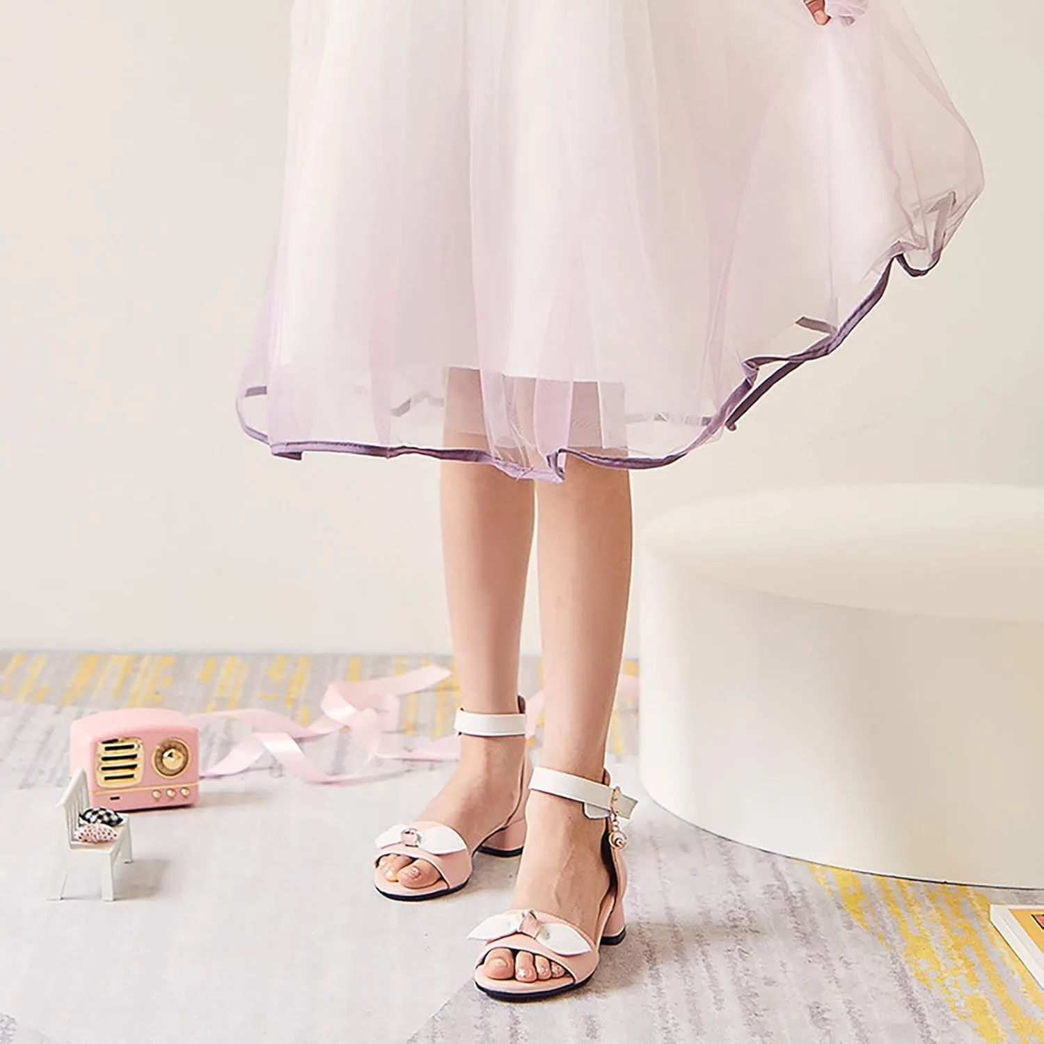 Girls Kids Dress Shoes Pumps Low Heels Flower Open Toe Sandals Flower Wedding Party Toddler Pool Slides Princess Flat