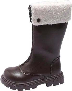 Girls Kids Leather aterproof Boots Long Zipper Fuzzy Snow Shoes Outdoor Warm Thick Rubber Booties Comfy Sole Non Slip