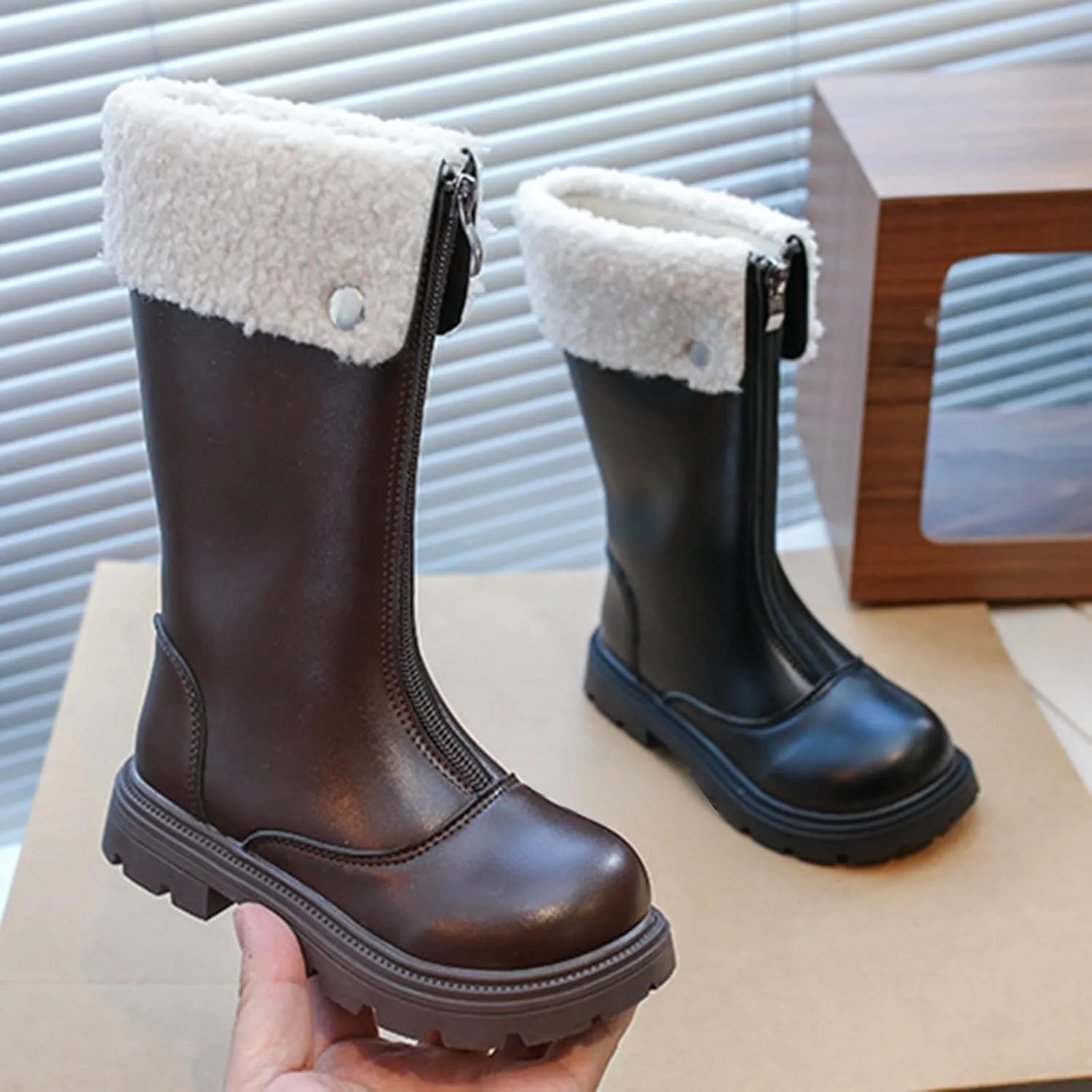 Girls Kids Leather aterproof Boots Long Zipper Fuzzy Snow Shoes Outdoor Warm Thick Rubber Booties Comfy Sole Non Slip