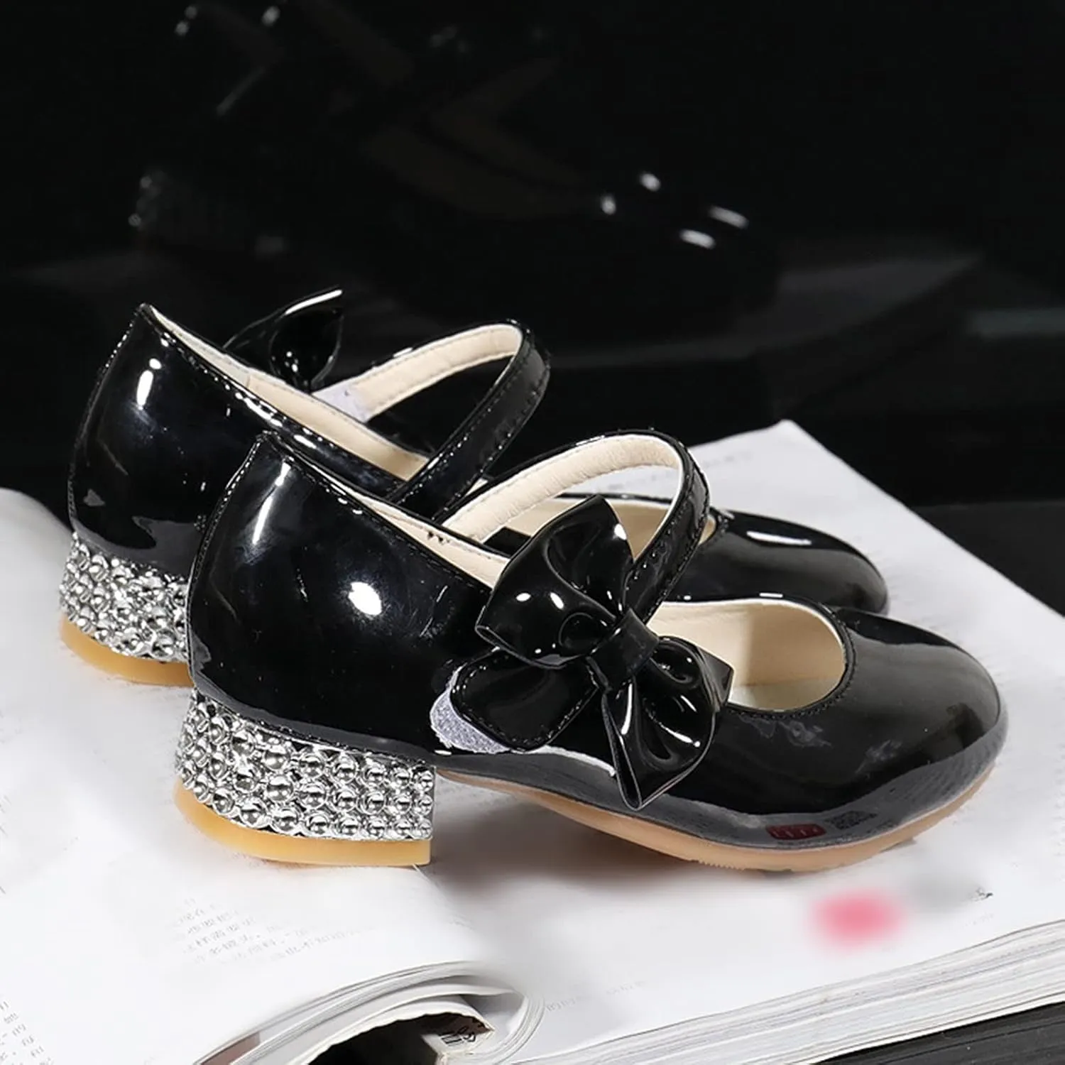 Girls Mary Jane Dress Shoes for Kids Bowknot Hook and Loop Low Heel Flower Girl Wedding Flat Princess Shoes