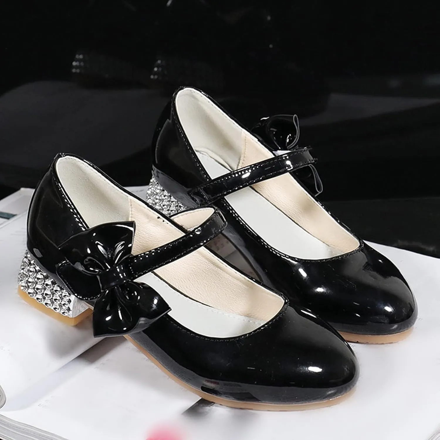 Girls Mary Jane Dress Shoes for Kids Bowknot Hook and Loop Low Heel Flower Girl Wedding Flat Princess Shoes