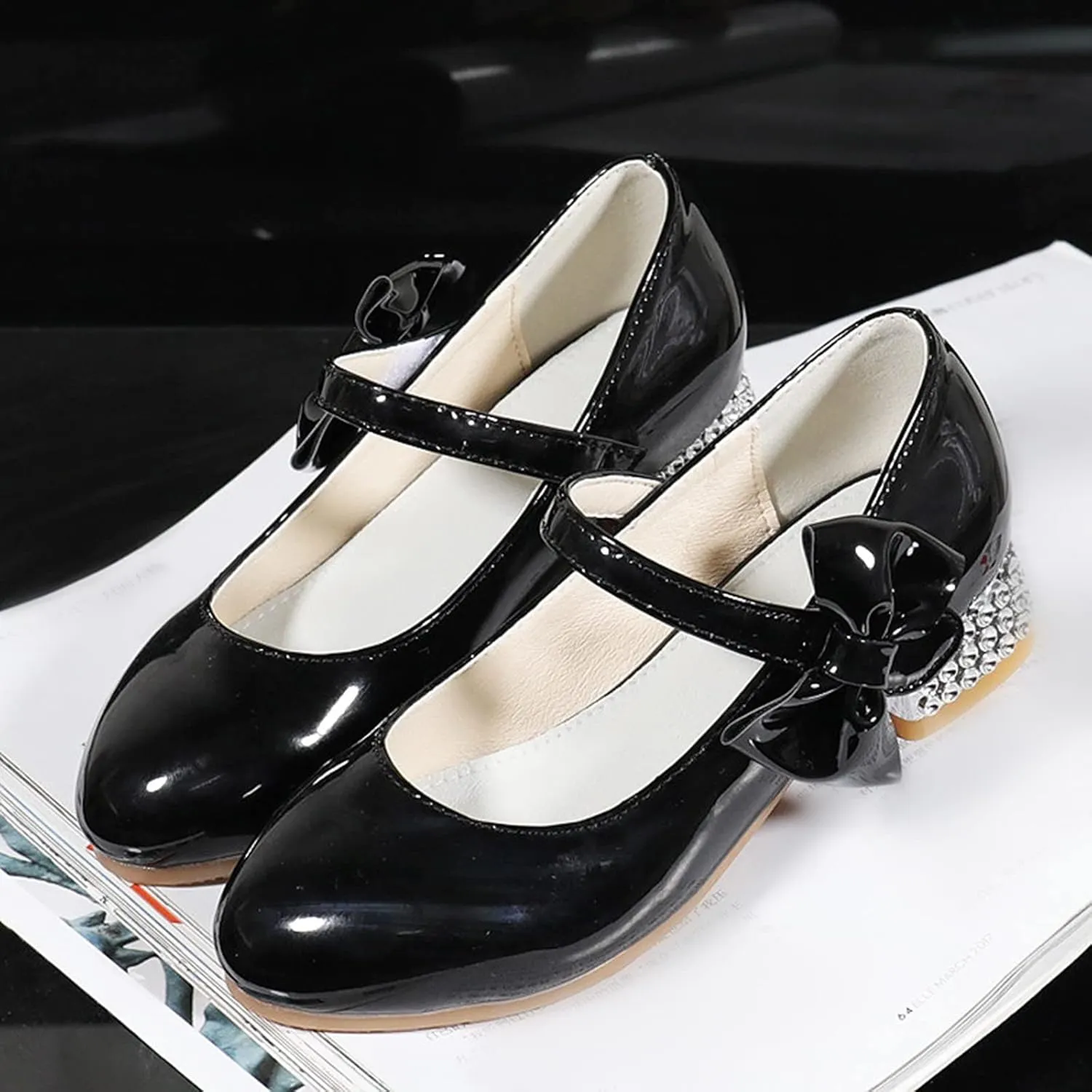 Girls Mary Jane Dress Shoes for Kids Bowknot Hook and Loop Low Heel Flower Girl Wedding Flat Princess Shoes