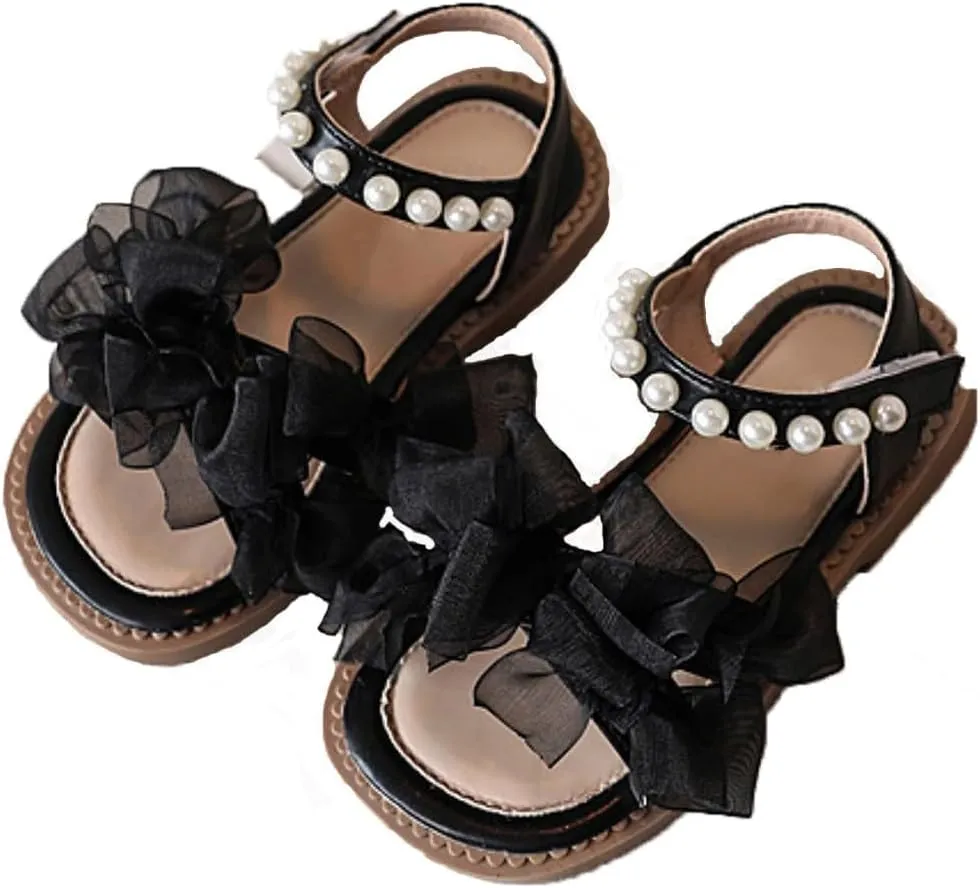Girls Mesh Pearl Flat Sandals Open Toe Pearl Strap Princess Bridesmaid Party Dress Shoes Kids Cute Summer Shoes