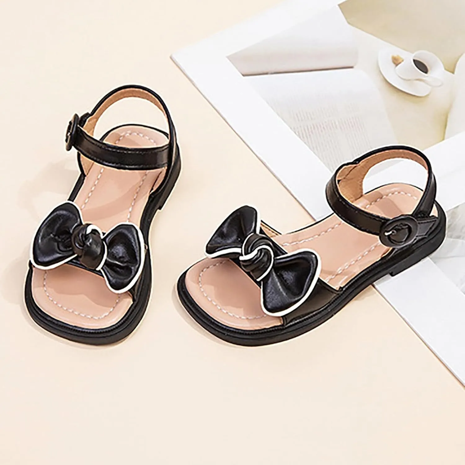 Girls Sandals Open Toe Dress Pump Ankle Strap Bow Wedding Party Shoes for Kids Cute Soft Sole Flats Summer School