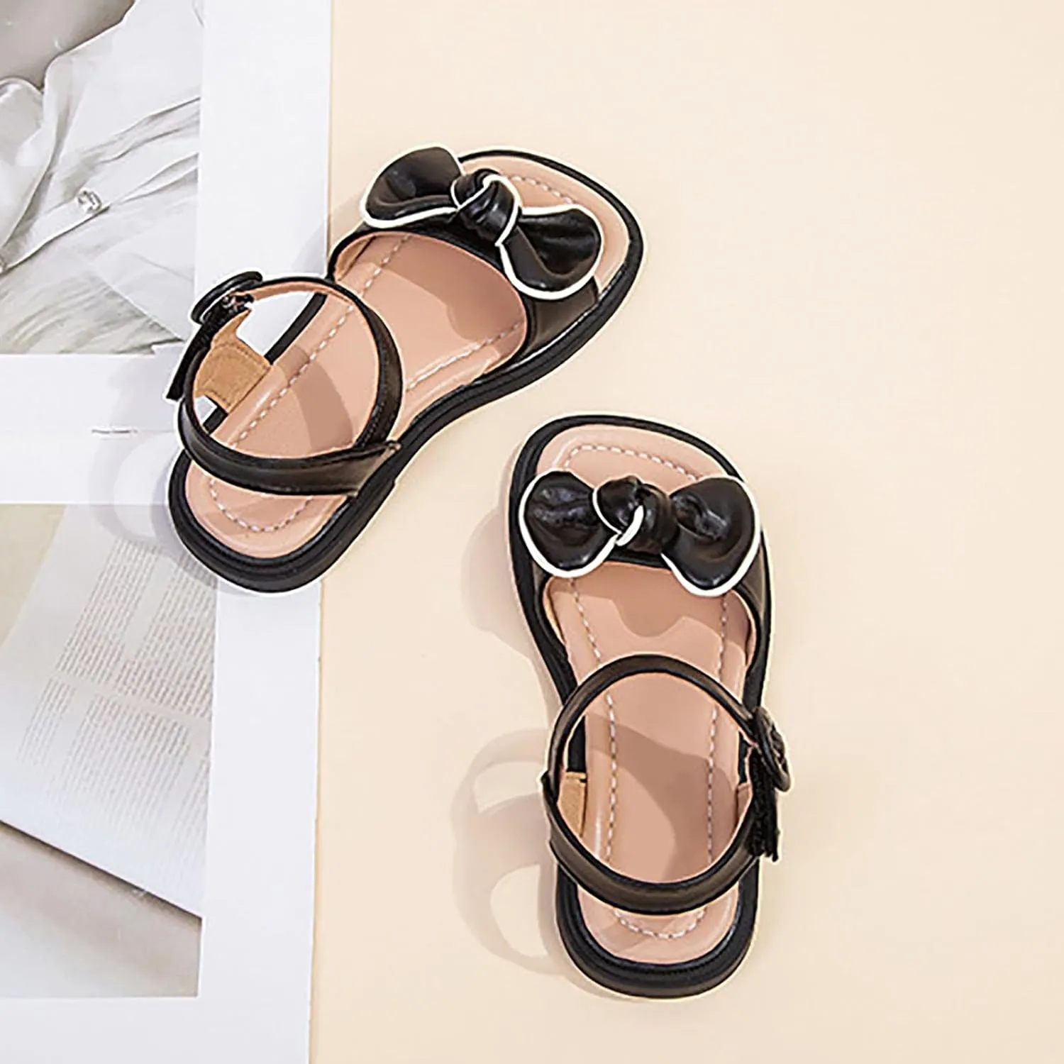 Girls Sandals Open Toe Dress Pump Ankle Strap Bow Wedding Party Shoes for Kids Cute Soft Sole Flats Summer School