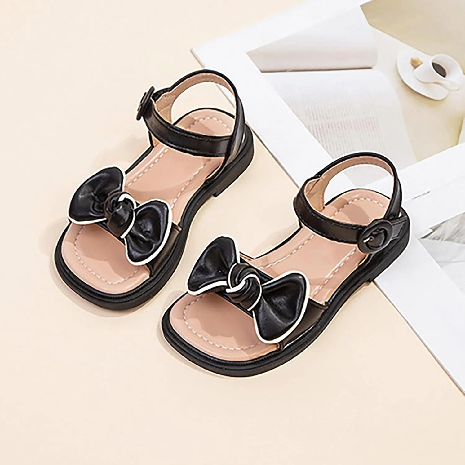 Girls Sandals Open Toe Dress Pump Ankle Strap Bow Wedding Party Shoes for Kids Cute Soft Sole Flats Summer School