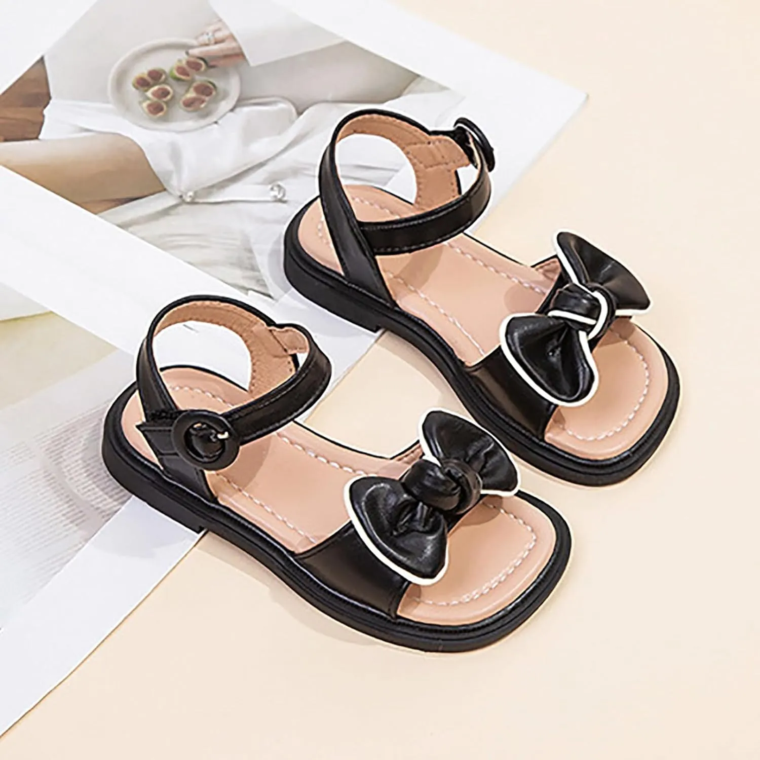 Girls Sandals Open Toe Dress Pump Ankle Strap Bow Wedding Party Shoes for Kids Cute Soft Sole Flats Summer School