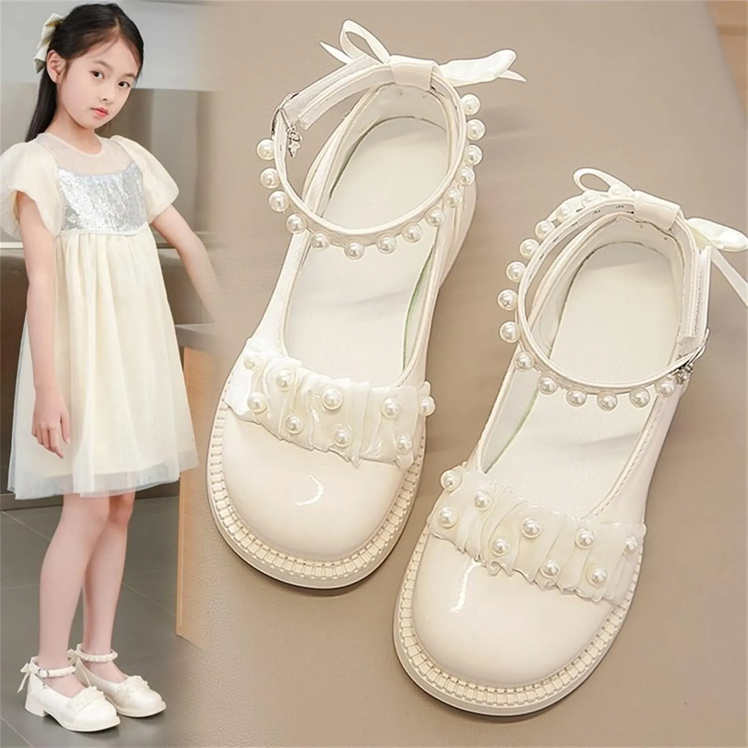 Girls Sparkly Ballet Flats Pearl Strap Princess Dance Shoe Kids Sequin Bowknot Party Dress Up Mary Jane Shoes