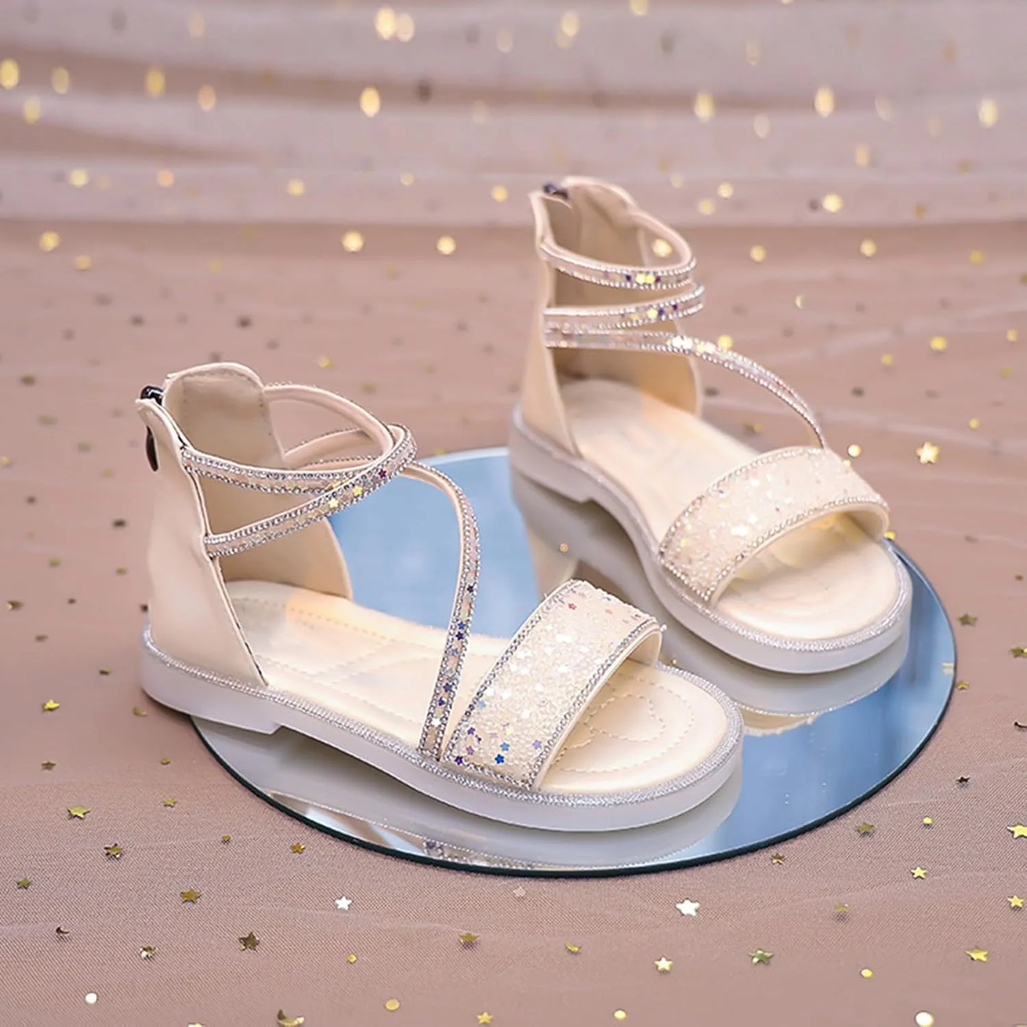 Girls Star Glitter Ankle Sandals Flat Open Toe Wide Shoes Kids Toddler Sole Rubber Soft Lightweight Sandals Comfy