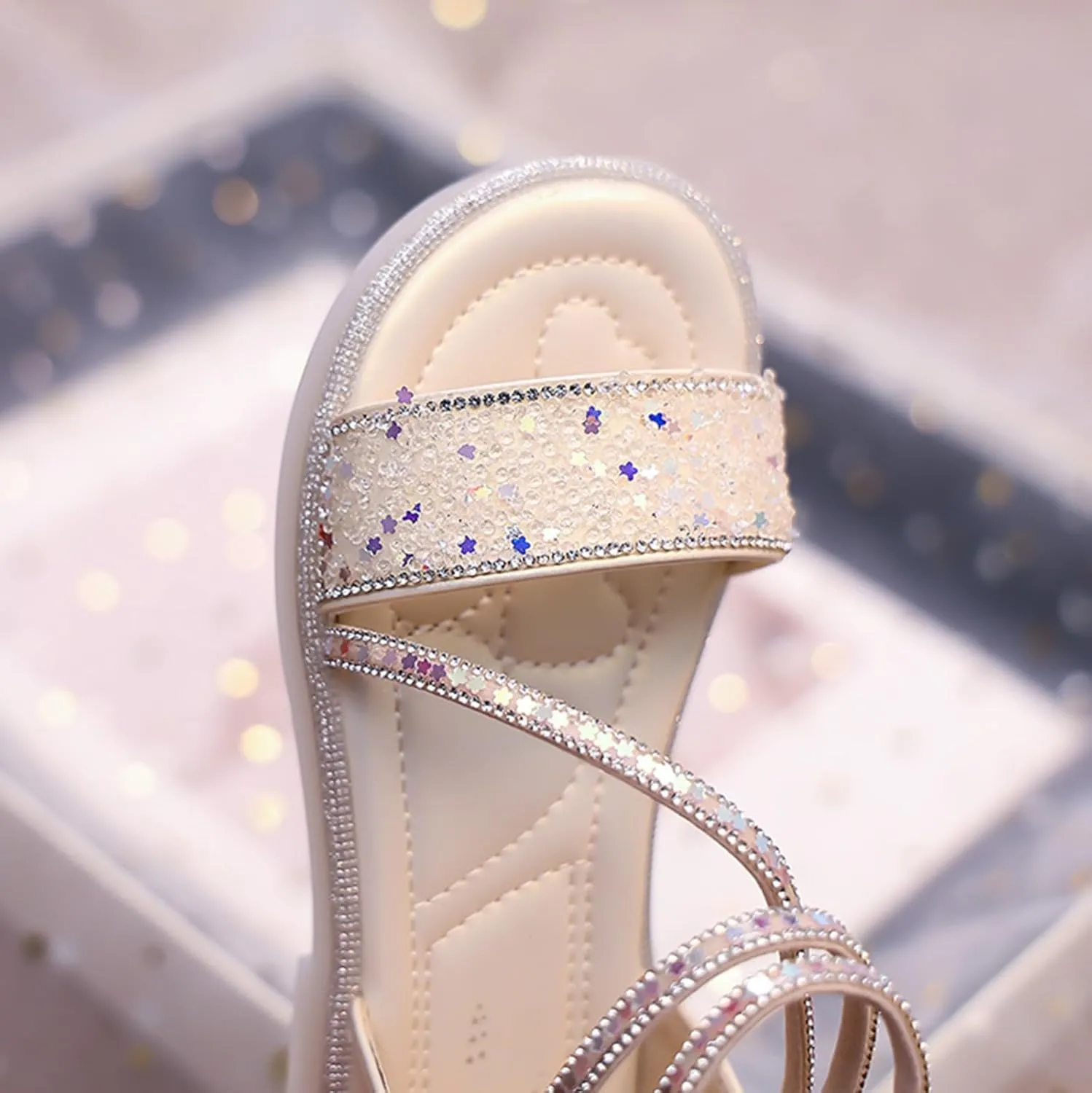 Girls Star Glitter Ankle Sandals Flat Open Toe Wide Shoes Kids Toddler Sole Rubber Soft Lightweight Sandals Comfy