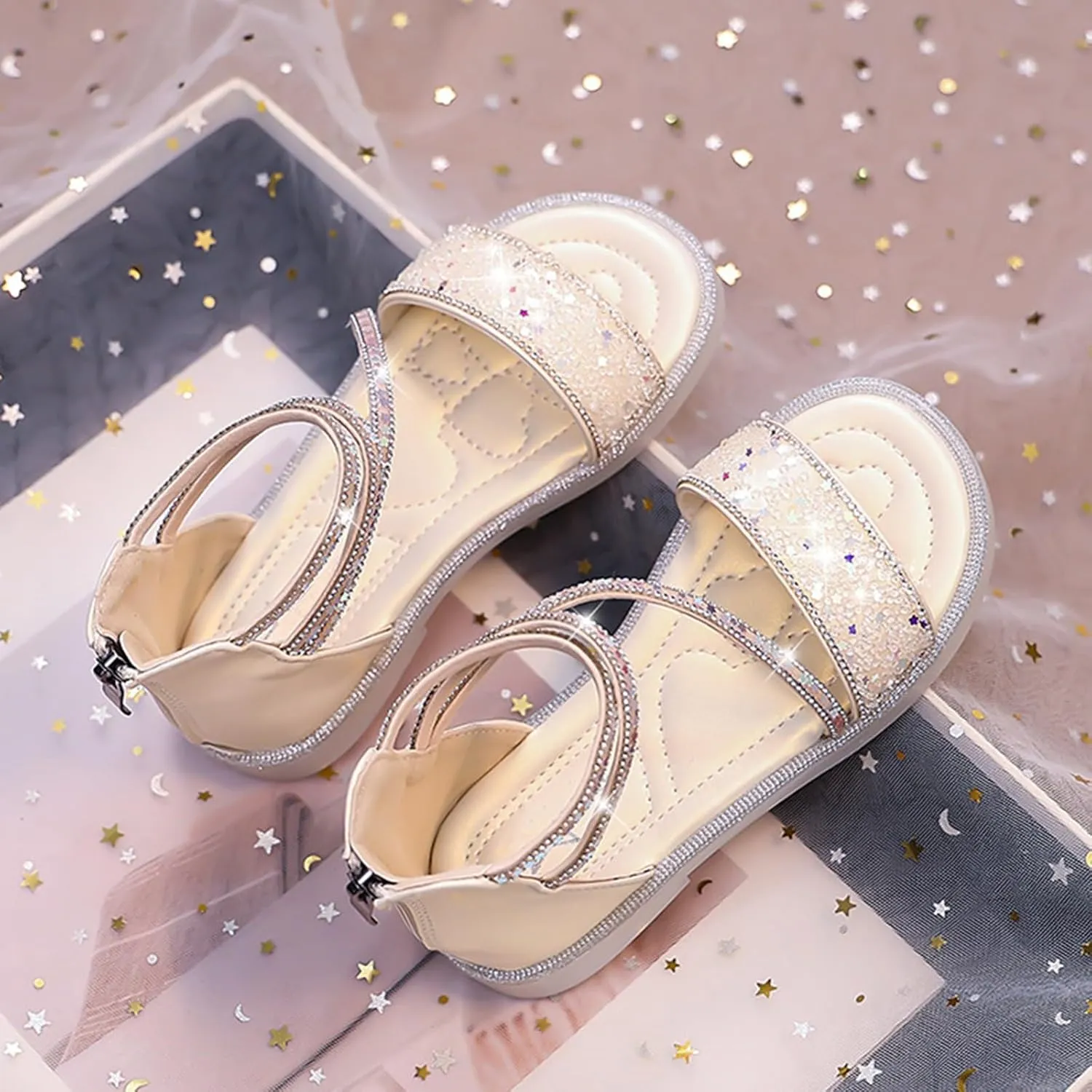 Girls Star Glitter Ankle Sandals Flat Open Toe Wide Shoes Kids Toddler Sole Rubber Soft Lightweight Sandals Comfy