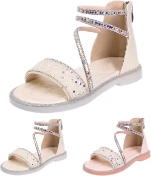 Girls Star Glitter Ankle Sandals Flat Open Toe Wide Shoes Kids Toddler Sole Rubber Soft Lightweight Sandals Comfy