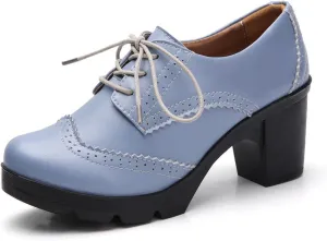 GORBINETI Women Oxfords Brogue Round Toe Pumps Vintage Platform Chunky Mid Heel Lace Up Dress Pump Shoes