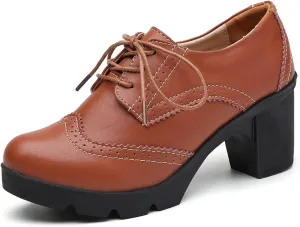 GORBINETI Women Oxfords Brogue Round Toe Pumps Vintage Platform Chunky Mid Heel Lace Up Dress Pump Shoes