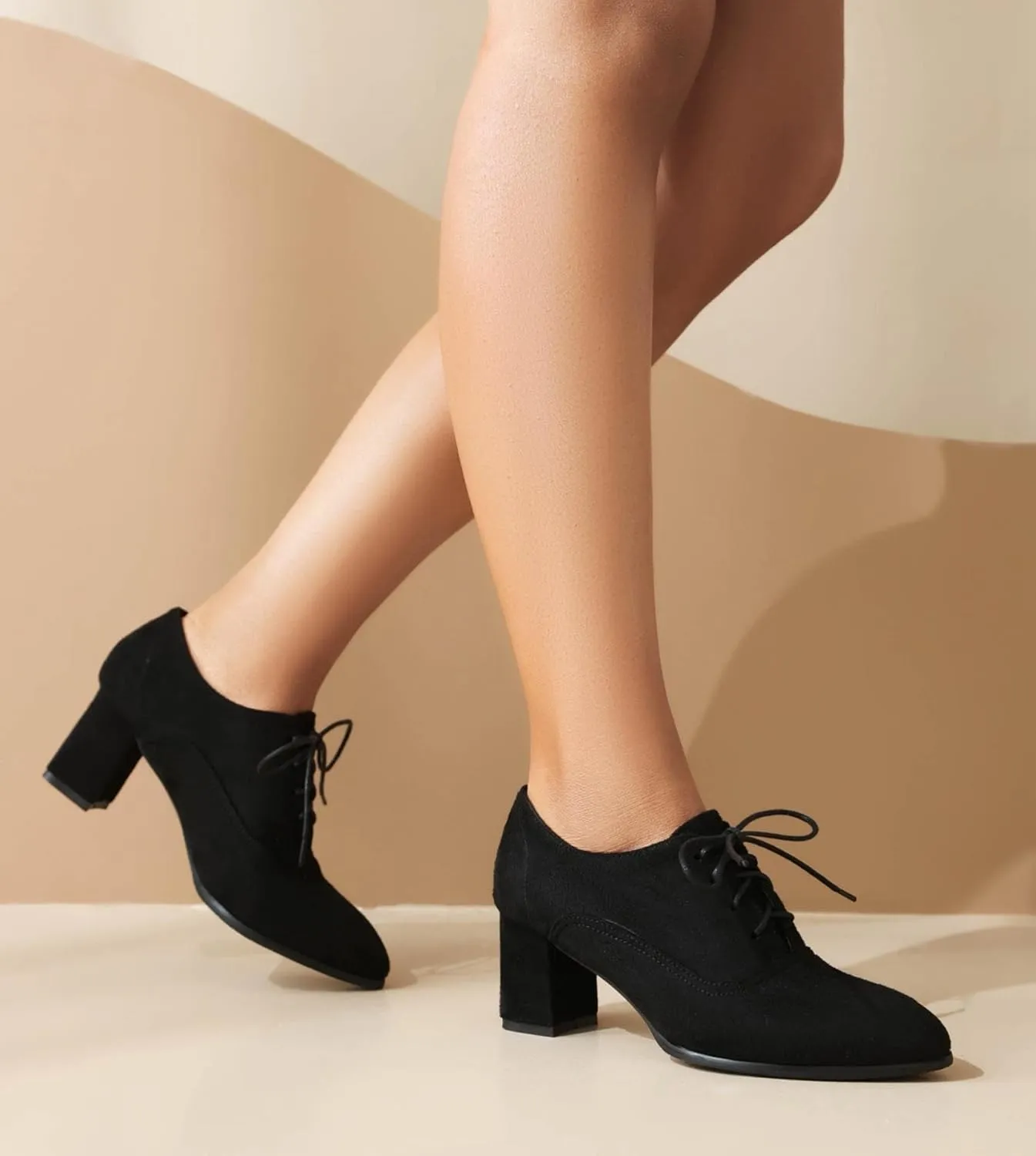 GORBINETI Women's Perforated Lace up Business Flower Brouge Oxford Shoes Wingtip Round Toe Mid Heel Oxford Retro Brogues Dress Shoes