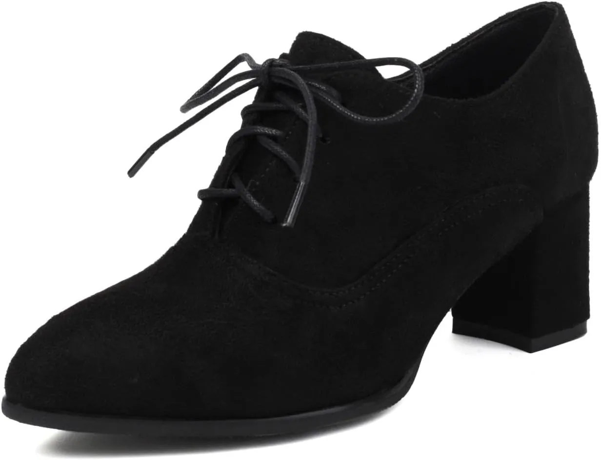 GORBINETI Women's Perforated Lace up Business Flower Brouge Oxford Shoes Wingtip Round Toe Mid Heel Oxford Retro Brogues Dress Shoes