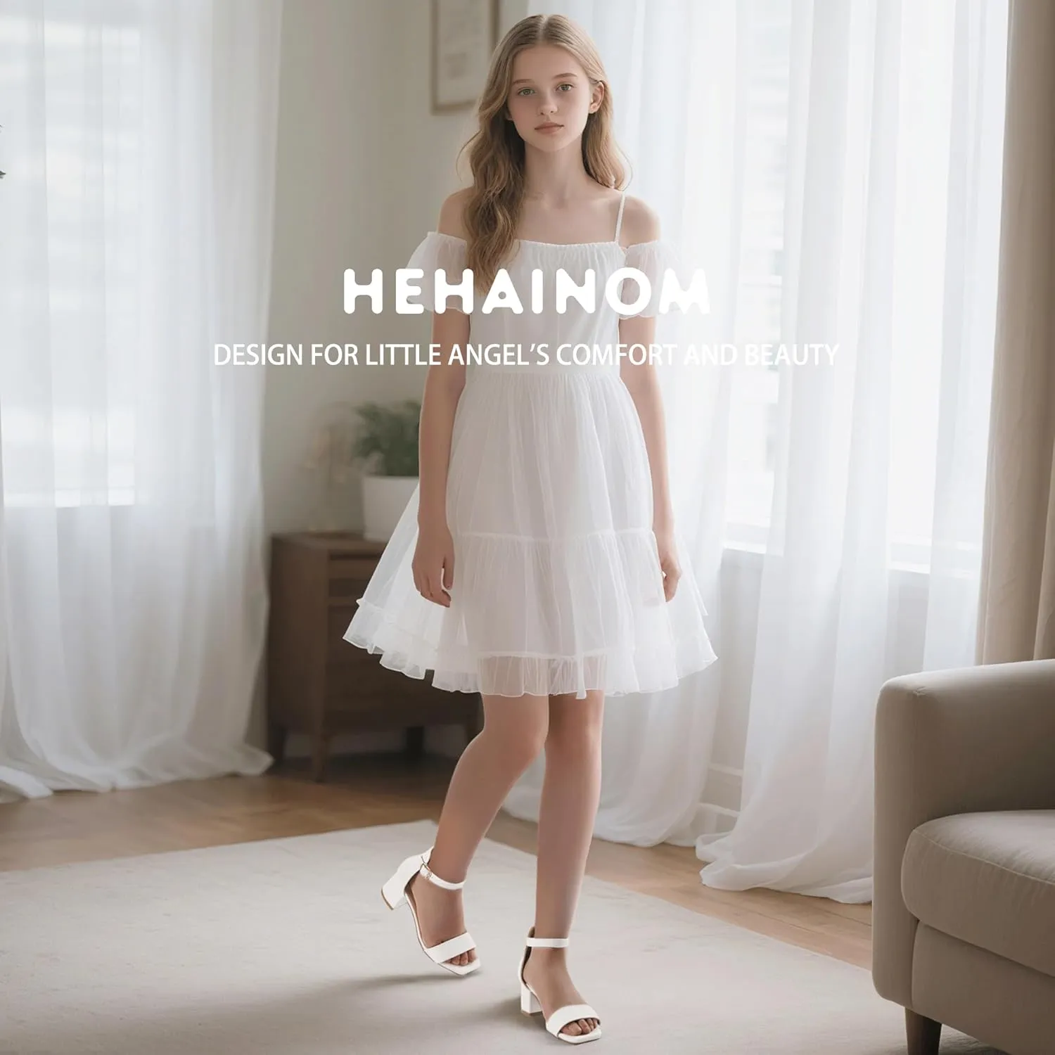 Hehainom Girls Dress Shoes Heels Sandals Little Big Kids Square-Toe Ankle Strap Wedding Party Flower Girls Shoes