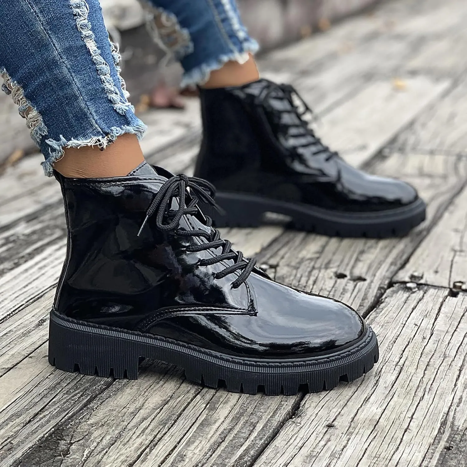 Hiking Boots Women Women's Water Proof Combat Boots Lace-Up Lug Sole Non-Slip Short Solid Booties Ankle Boots