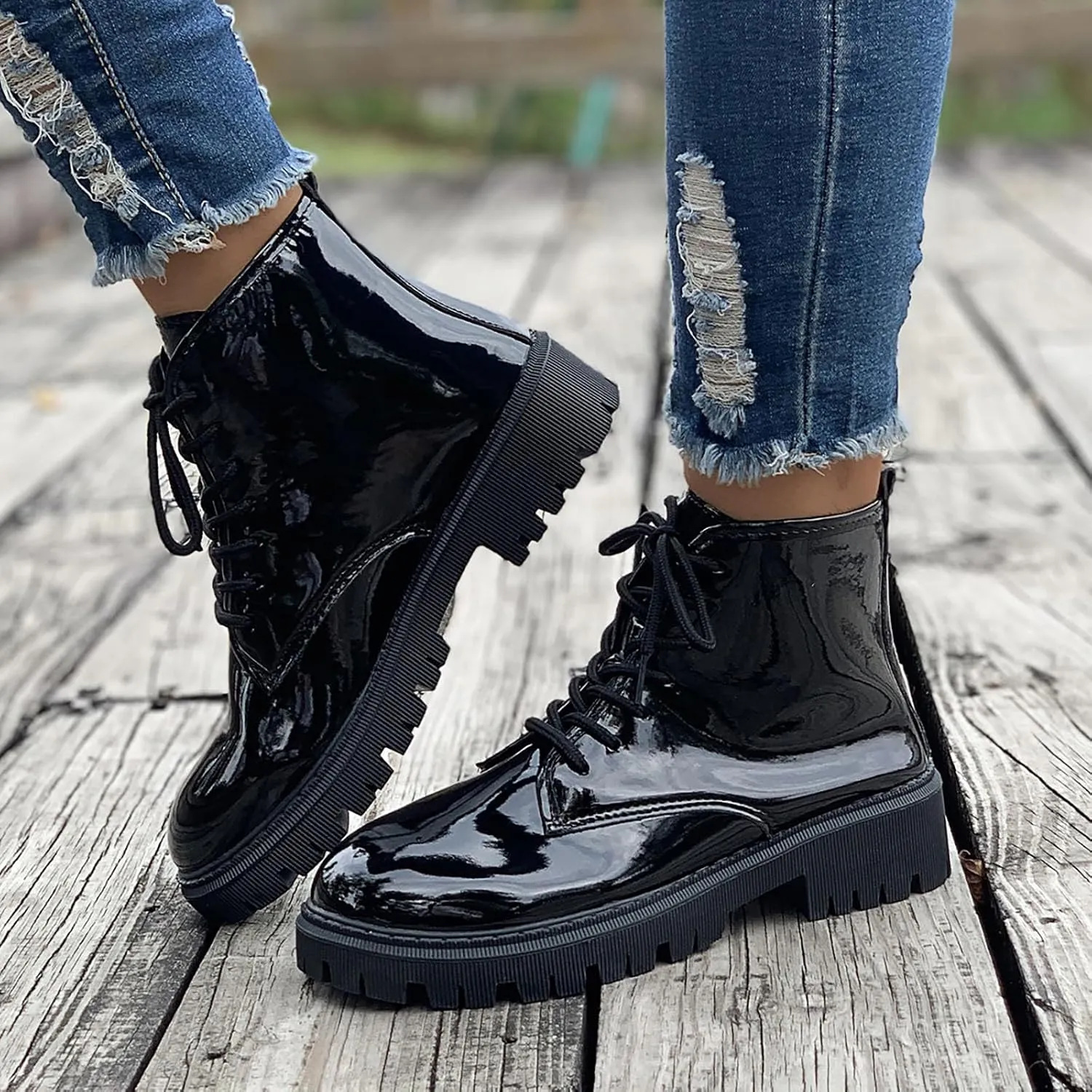 Hiking Boots Women Women's Water Proof Combat Boots Lace-Up Lug Sole Non-Slip Short Solid Booties Ankle Boots