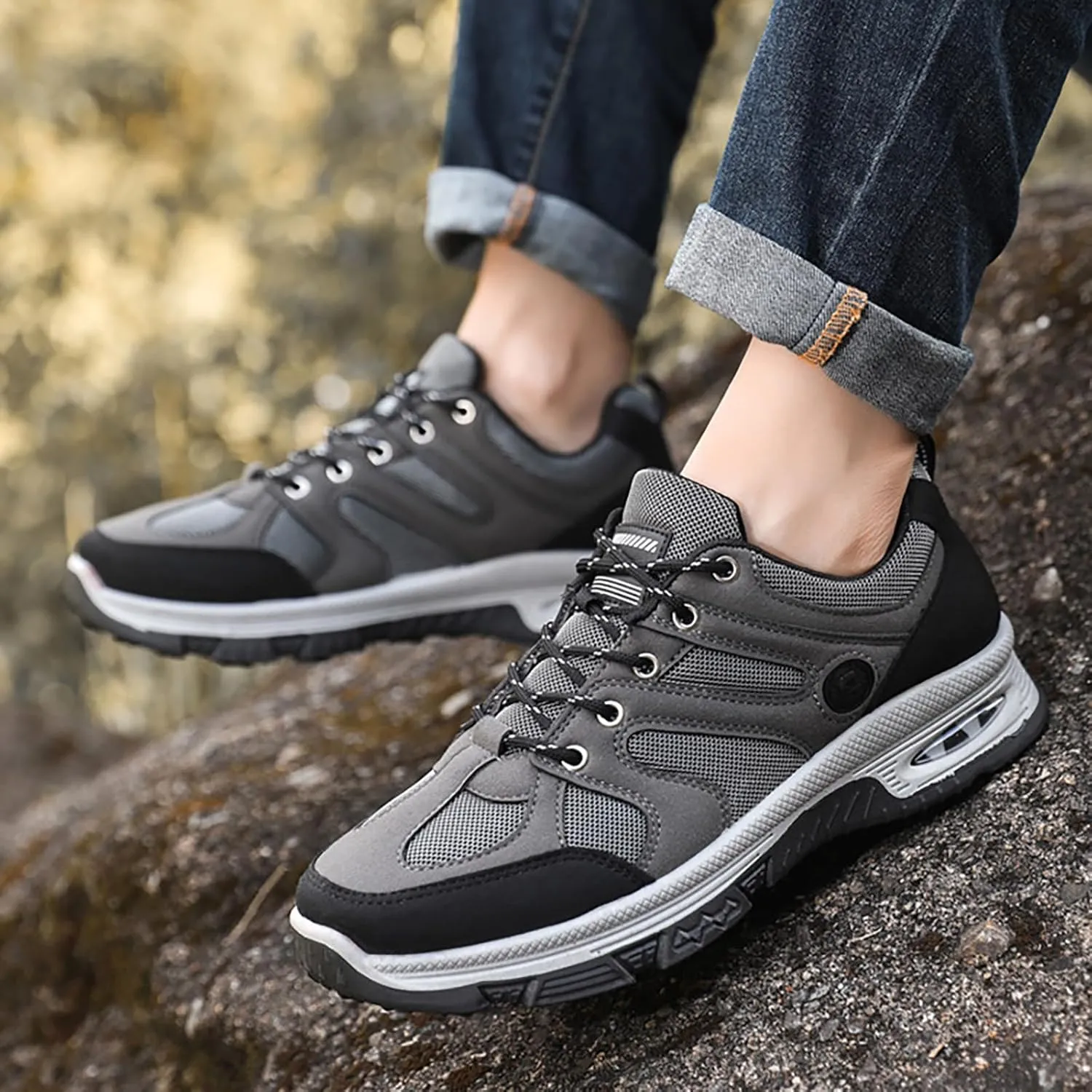 Hiking Shoes Men Breathable Non Slip Sneakers Lightweight Low Top Boots for Outdoor Climbing Trekking Walking Mountaineering Daily Work Shoes for Men with Air Cushion