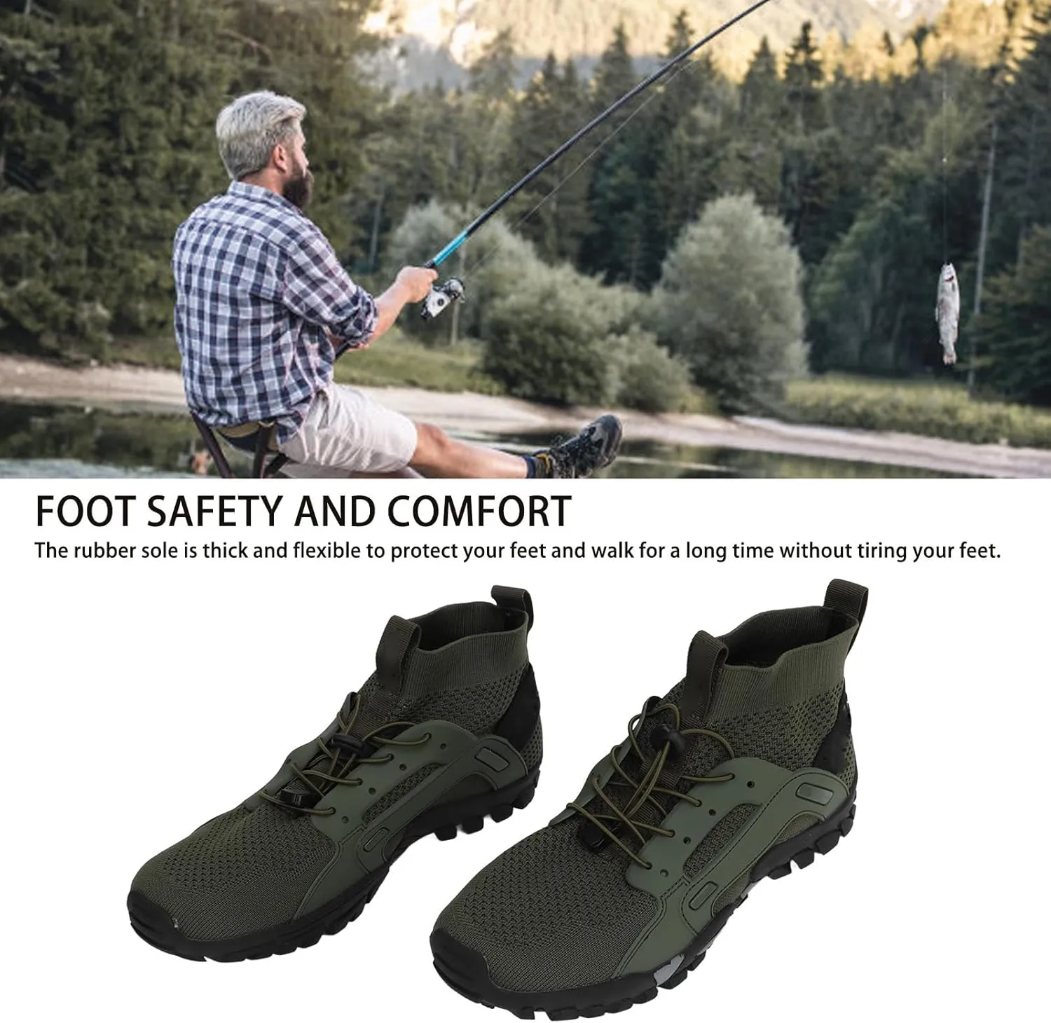 Hiking Shoes, Shock Absorption Soft OD Green Easy to Wear Breathable Men Wading Shoes for Hiking