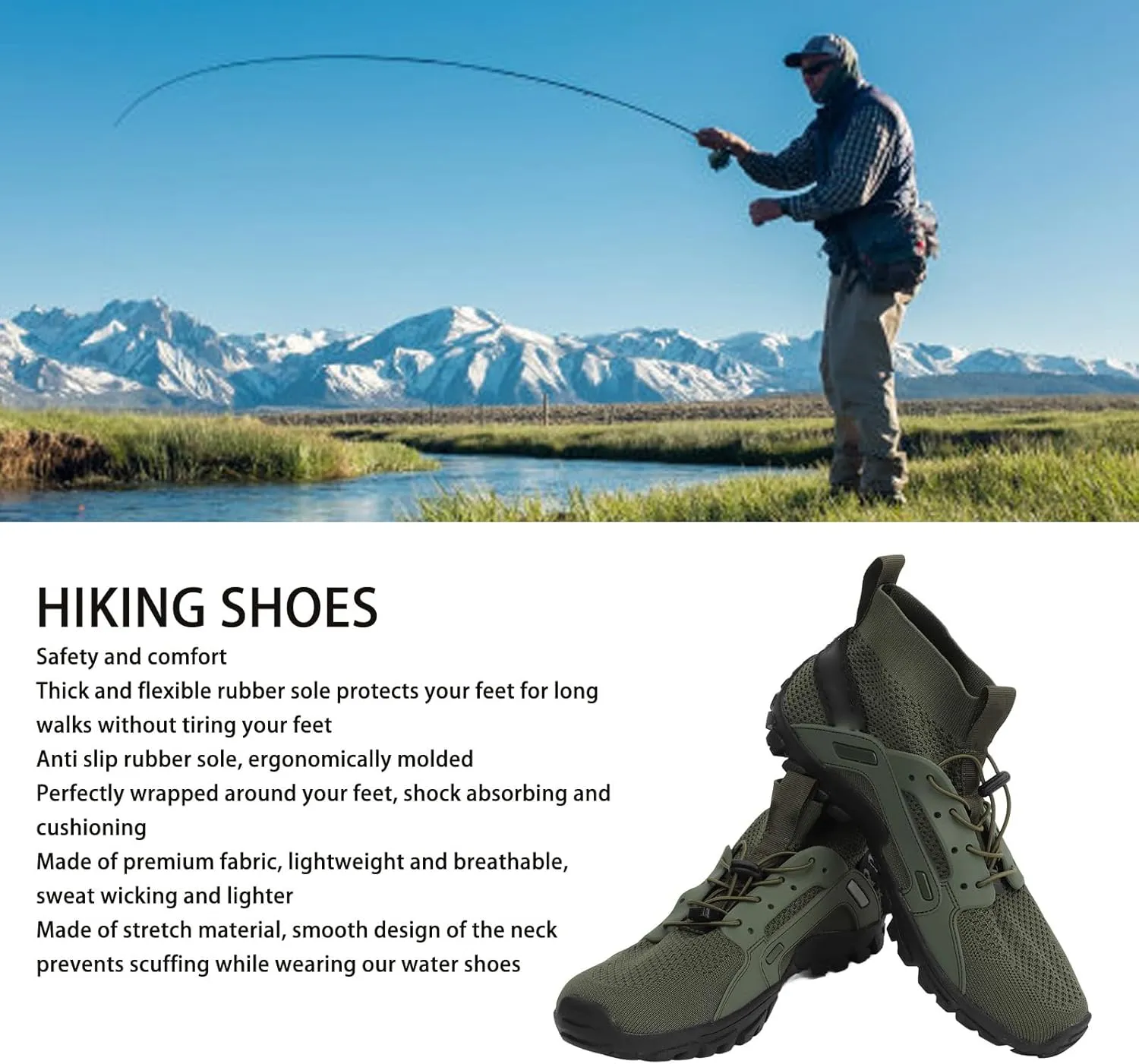 Hiking Shoes, Shock Absorption Soft OD Green Easy to Wear Breathable Men Wading Shoes for Hiking