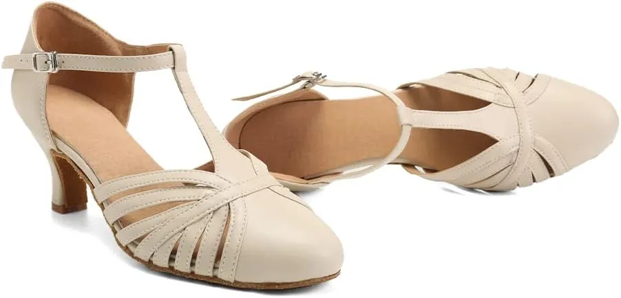HROYL Women Ballroom Dance Shoes Closed Toe Latin Salsa T-Strap Modern Tango Walts Character Shoes Model-L041