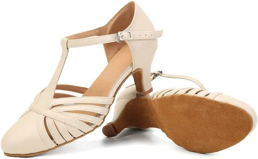 HROYL Women Ballroom Dance Shoes Closed Toe Latin Salsa T-Strap Modern Tango Walts Character Shoes Model-L041