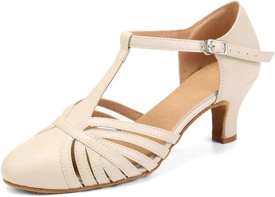 HROYL Women Ballroom Dance Shoes Closed Toe Latin Salsa T-Strap Modern Tango Walts Character Shoes Model-L041