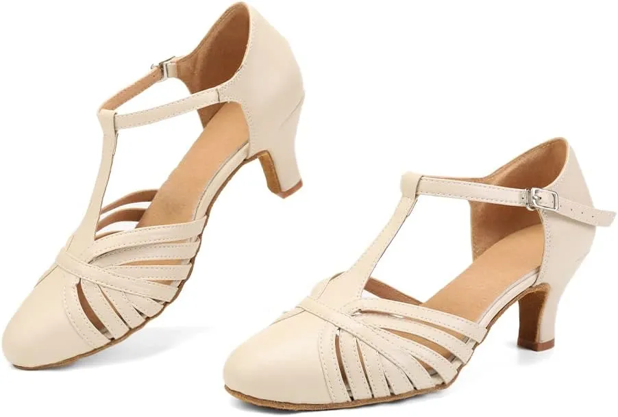 HROYL Women Ballroom Dance Shoes Closed Toe Latin Salsa T-Strap Modern Tango Walts Character Shoes Model-L041