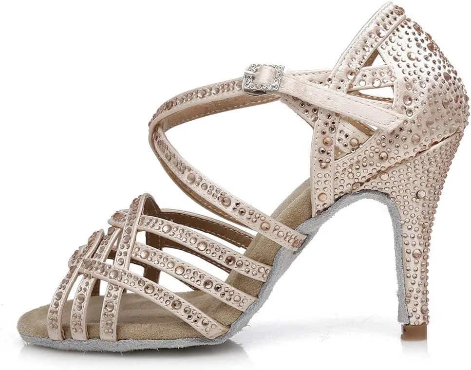 HROYL Women Rhinestone Ballroom Dance Shoes Latin Salsa Practice Performance Dance Shoes YCL357