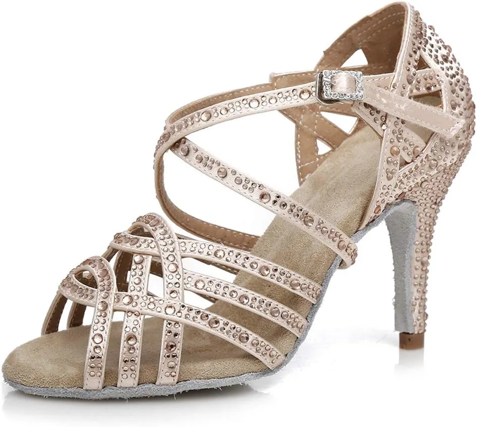 HROYL Women Rhinestone Ballroom Dance Shoes Latin Salsa Practice Performance Dance Shoes YCL357