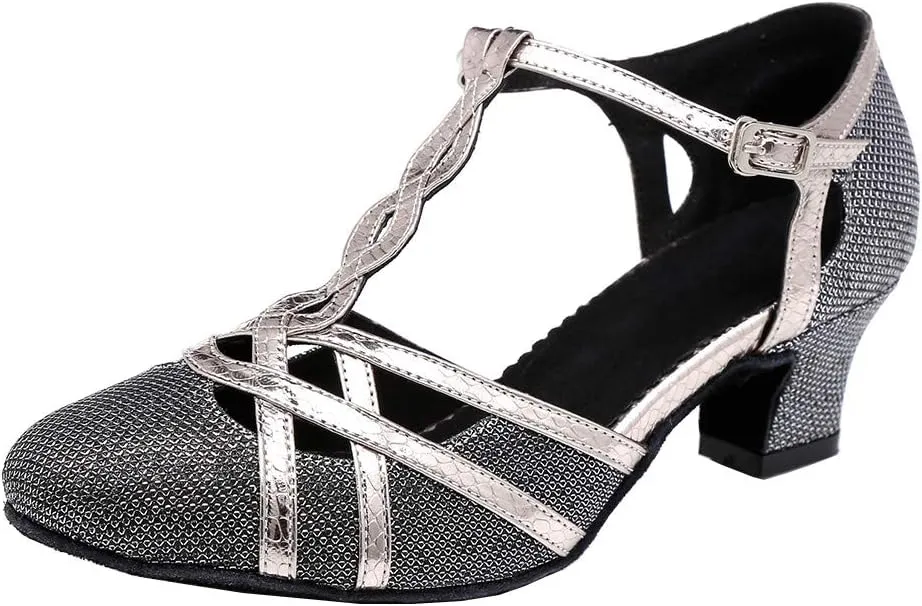HROYL Women T-Strap Glitter Ballroom Dance Shoes Latin Salsa Tango Performence Dancing Pumps,YCL322