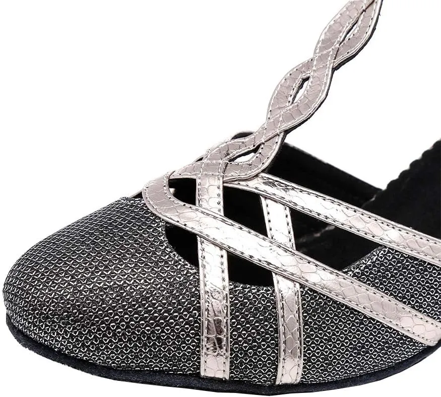 HROYL Women T-Strap Glitter Ballroom Dance Shoes Latin Salsa Tango Performence Dancing Pumps,YCL322