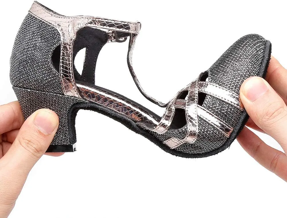 HROYL Women T-Strap Glitter Ballroom Dance Shoes Latin Salsa Tango Performence Dancing Pumps,YCL322